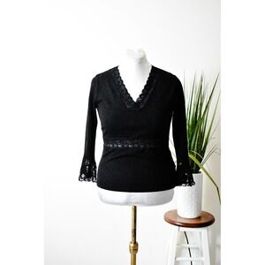 Susan Lawrence Knit Top Women L Black Y2K Lace Trim Empire Waist Bell Sleeve
